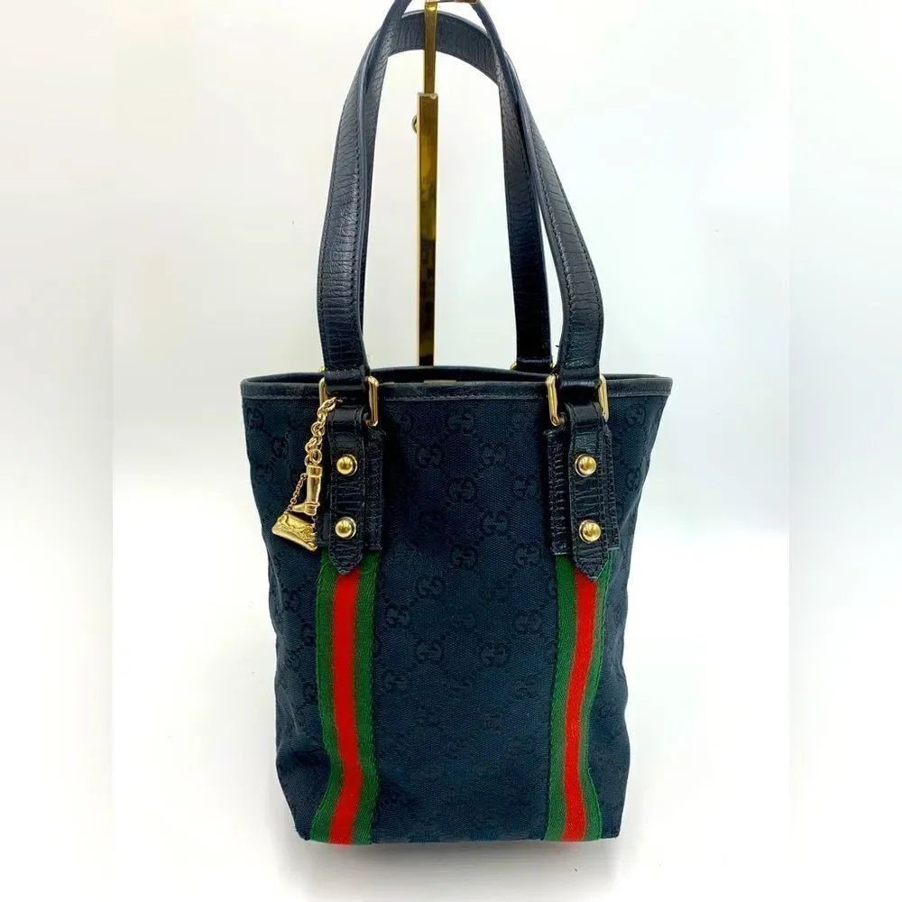 Gucci Small Black GG Canvas Sherry Line Jolicoeur Bucket Tote Bag Gold Charms